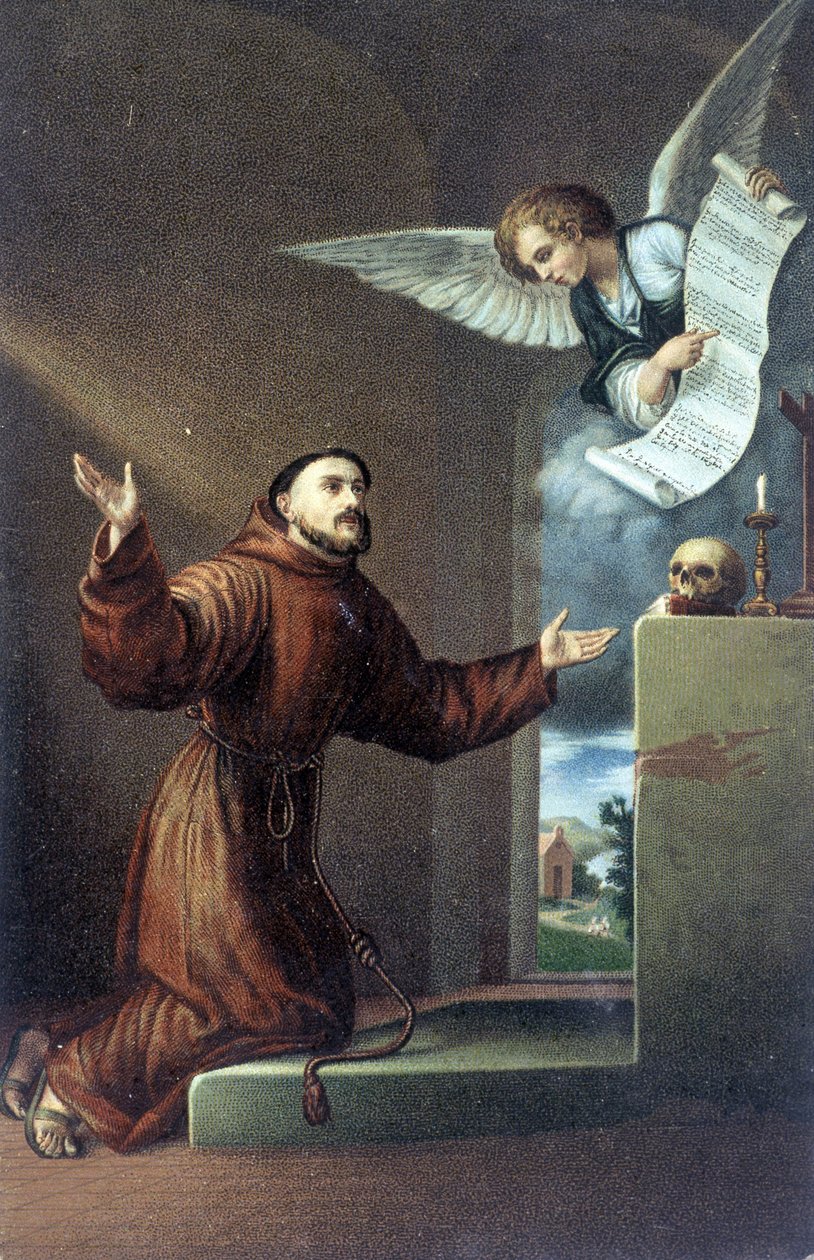 San Francisco de Asís (1181 o 1182 - 1226) ante un ángel. Cromolitografía del siglo XIX de Unknown artist