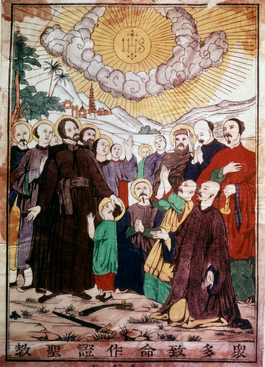 San Francisco Javier (1506-1552), misionero jesuita español, uno de los fundadores de la Compañía de Jesús, evangelizando a los chinos bajo la protección de Cristo en China. Grabado del siglo XIX. de Unknown artist