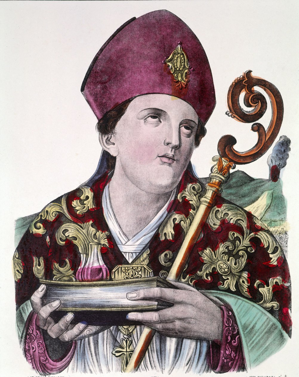 San Gennaro o San Jenaro, patrón de la ciudad de Nápoles, sosteniendo en sus manos la ampolla que contiene su sangre. Estampa popular coloreada del siglo XIX de Unknown artist