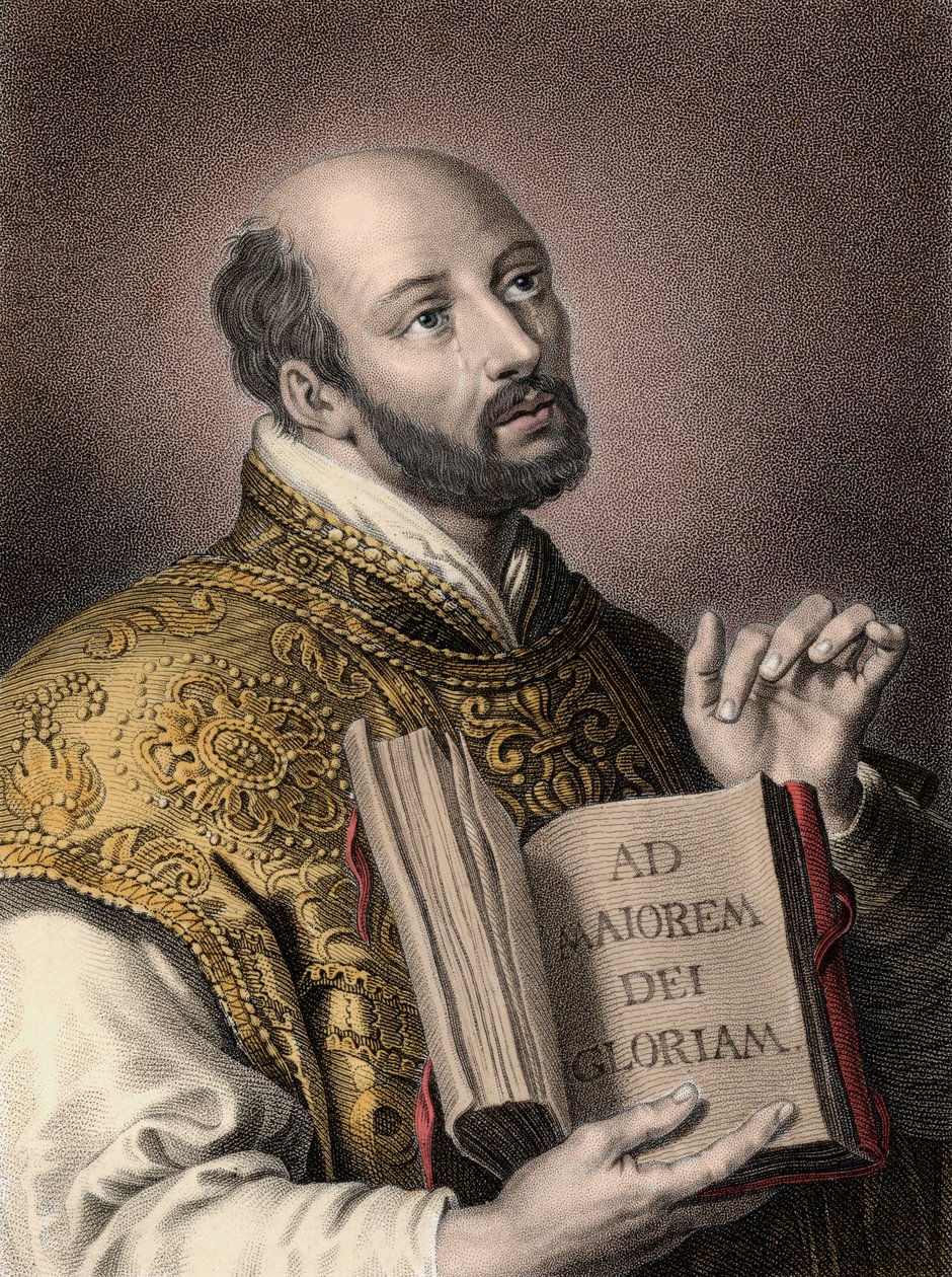 San Ignacio de Loyola (1491-1556), teólogo español, sosteniendo un libro con el lema latino de la Compañía de Jesús 
