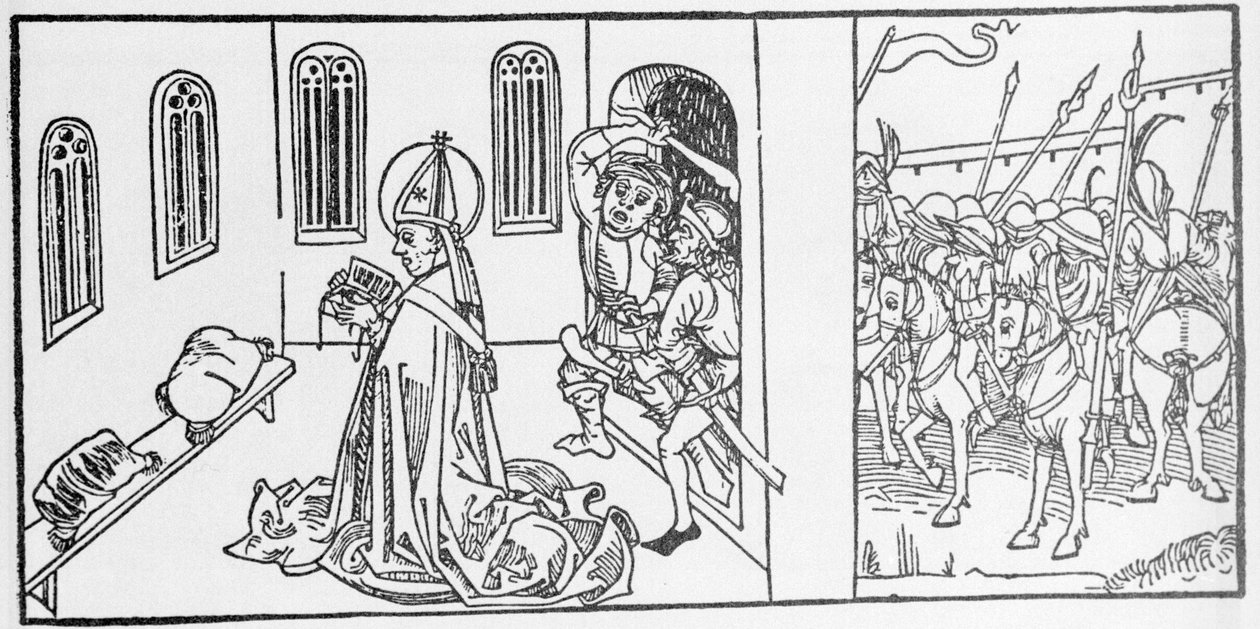 San Lamberto. Grabado de “Leben der Heiligen - sommerteil” (El libro de los santos) de Jacobus (James) de Voragine (1228-1298). Lübeck 1488 de Unknown artist
