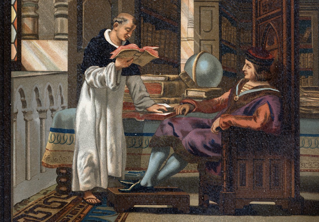 San Luis (1214-1270), Rey de Francia, y su consejero San Vicente de Beauvais (v.1190-1264), después de “La Ciencia y sus Hombres por Louis Figuier”. Barcelona 1881. de Unknown artist