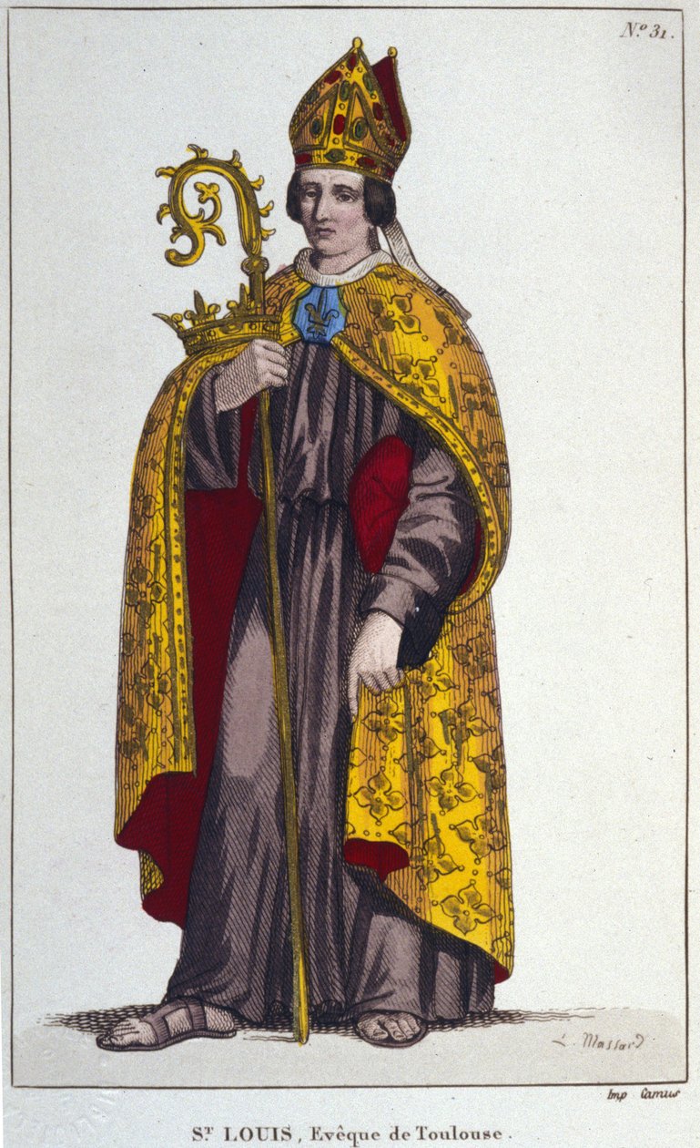 San Luis de Tolosa o San Luis de Anjou. Sobrino nieto de San Luis (1274 a 1297), obispo de Tolosa. Grabado de 1830 de Unknown artist