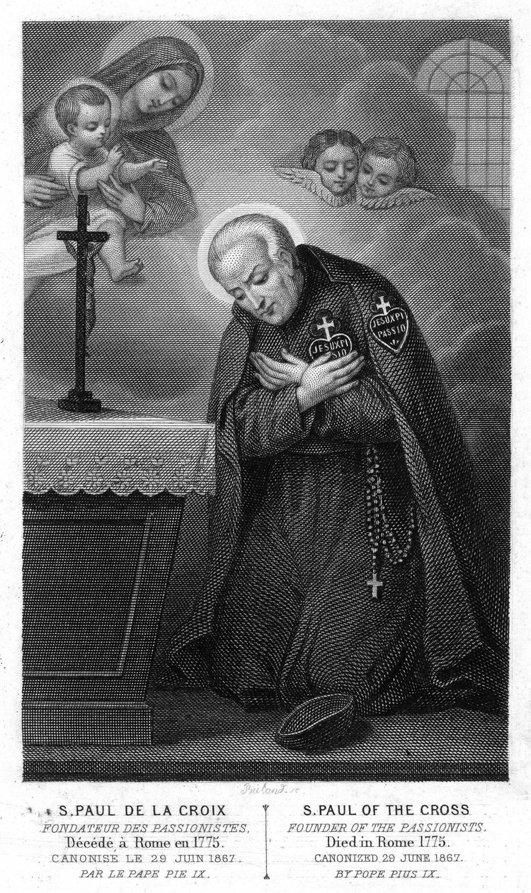 San Pablo de la Cruz, fundador de los Pasionistas decepcionado en Roma en 1775, canonizado el 29 de junio de 1867 por el Papa Pío IX. Grabado del siglo XIX. de Unknown artist