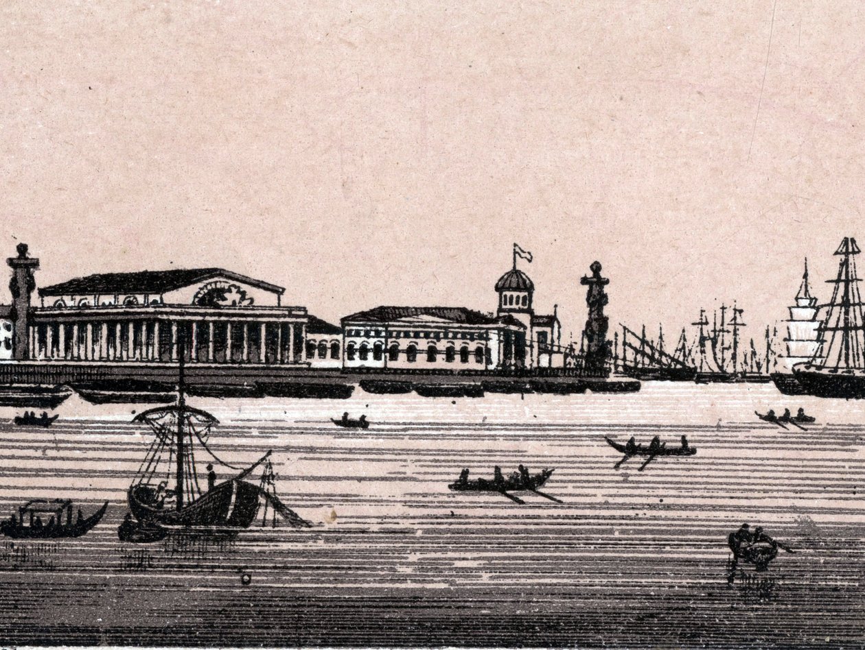 San Petersburgo, Rusia: vista del río Neva y la Bolsa en San Petersburgo. En "El Mundo Ilustrado 168 vistas". Sin fecha (finales del siglo XIX). de Unknown artist