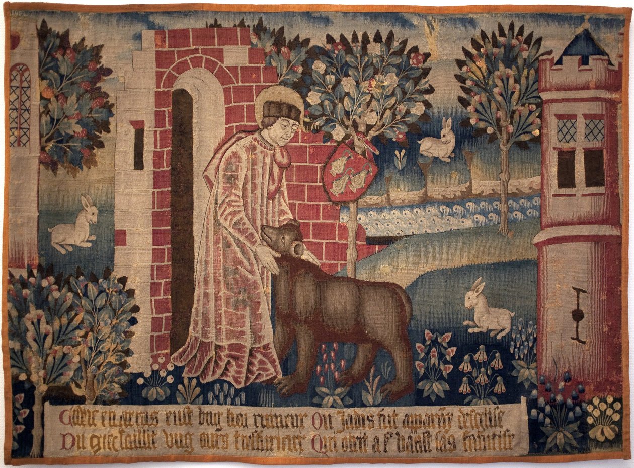 San Vaast y el oso. San Vaast, San Vedast o San Gaston (muerto en 540, obispo y santo patrón de Arras y su diócesis) doma al animal en las orillas del río Crinchon. Tapiz, segunda mitad del siglo XV. Museo de Bellas Artes de Arras de Unknown artist