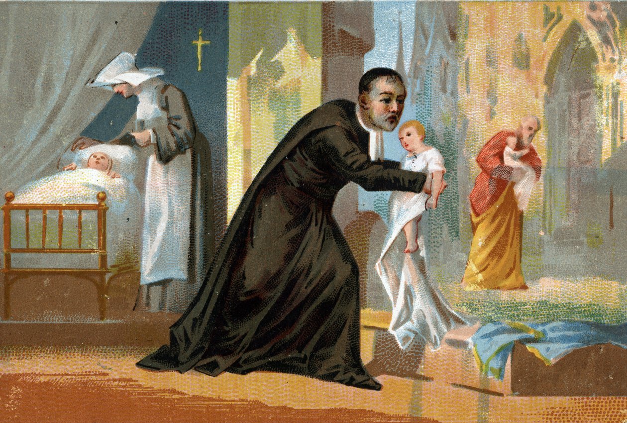 San Vicente de Paúl (1576-1660), conocido por su caridad, creador del hospital para niños encontrados. Cromolitografía del siglo XIX de Unknown artist