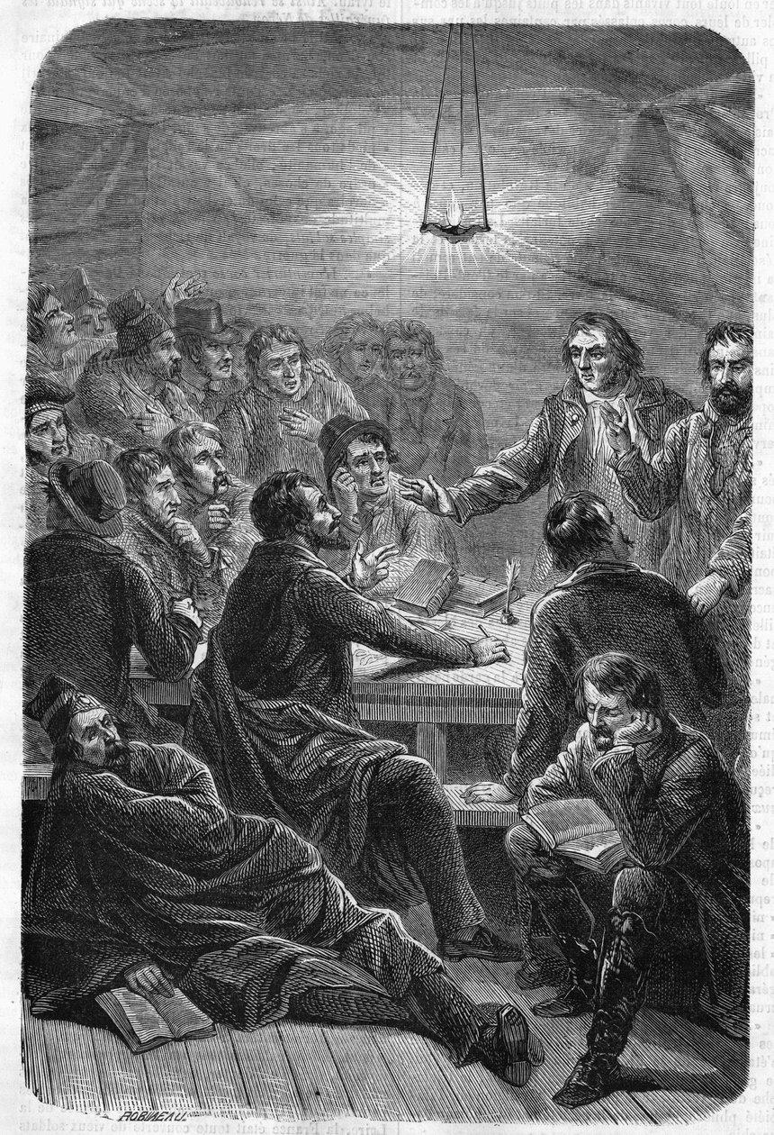 Reunión de Carbonarios. (Carbonería o Carboneria, principios del siglo XIX). Grabado de 1864. de Unknown artist