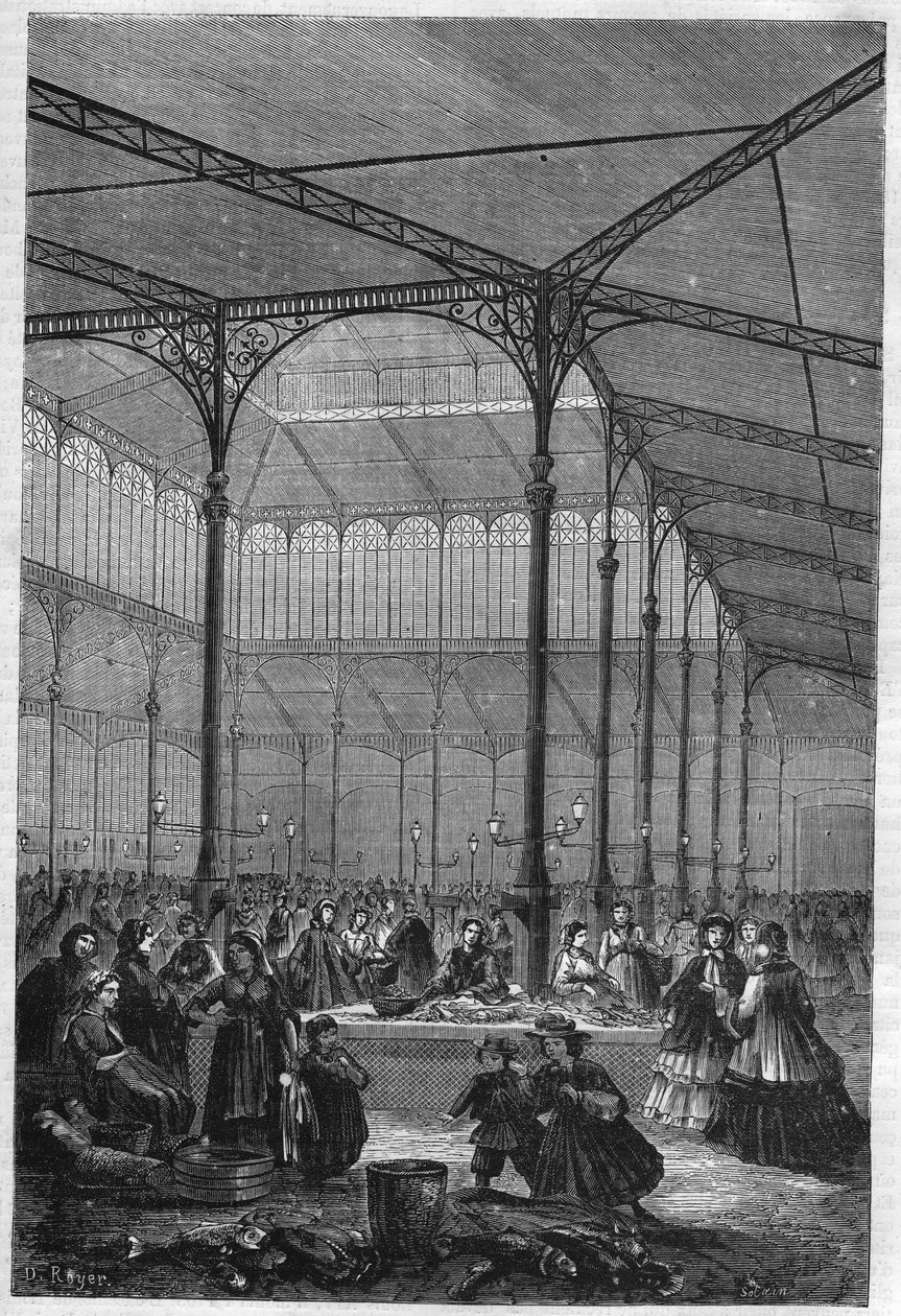 Venta de pescado en la subasta en las Halles de París en 1866 (Pabellón Baltard) de Unknown artist