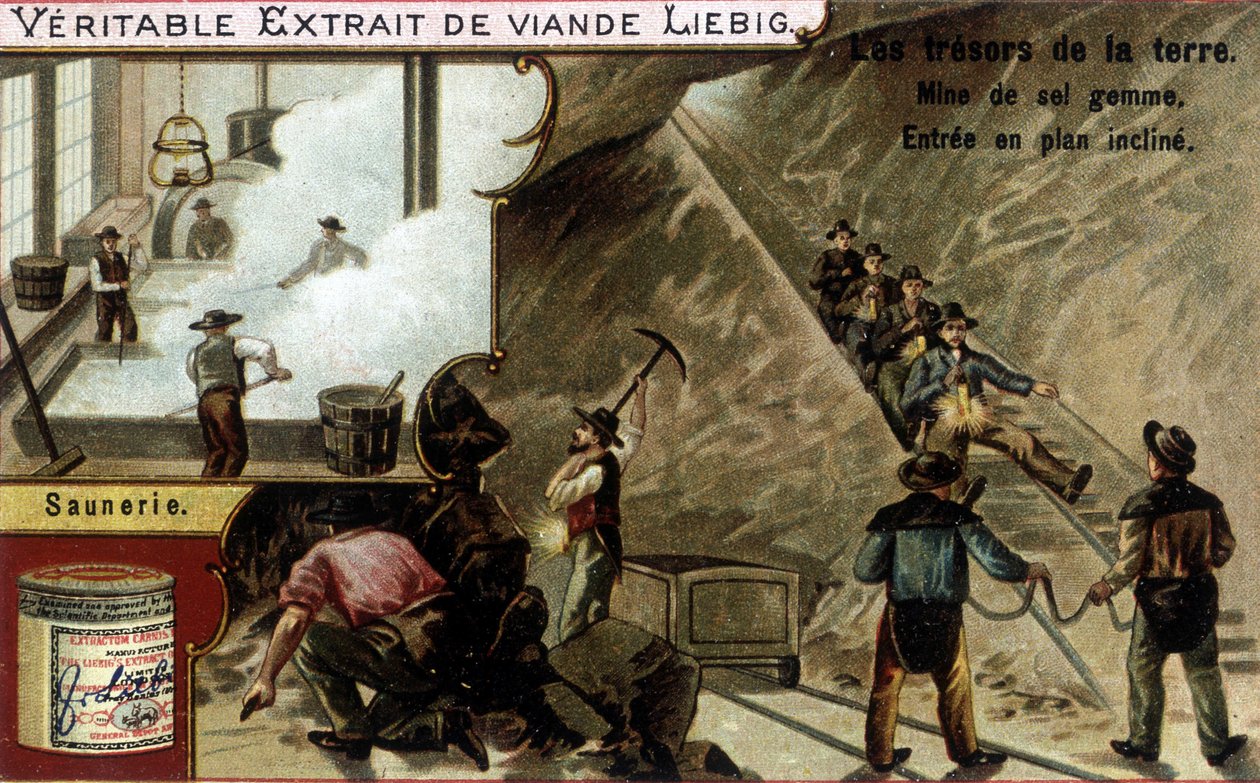 Salina y mina de sal: extracción de sal y saunier. Cromolitografía de productos Liebig, serie “Los tesoros de la tierra”. de Unknown artist
