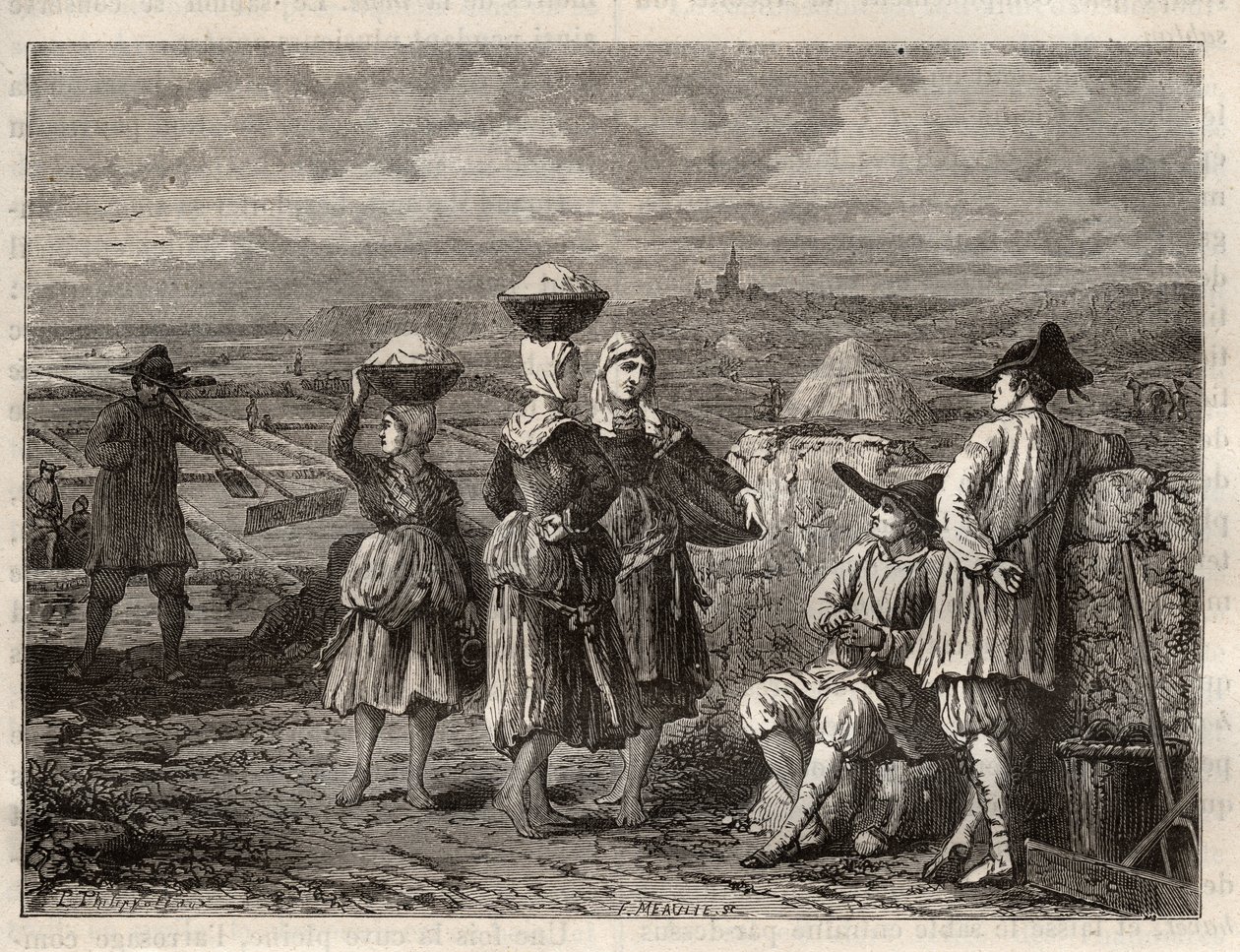 Salina en Bretaña - Paludiers y sauniers en Bretaña (Francia), marismas salinas - grabado en 