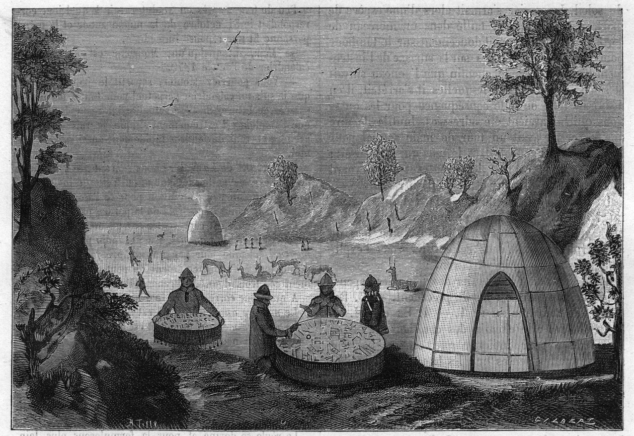 Hechicero sami prediciendo el futuro mediante un tambor mágico. Grabado de 1885. de Unknown artist