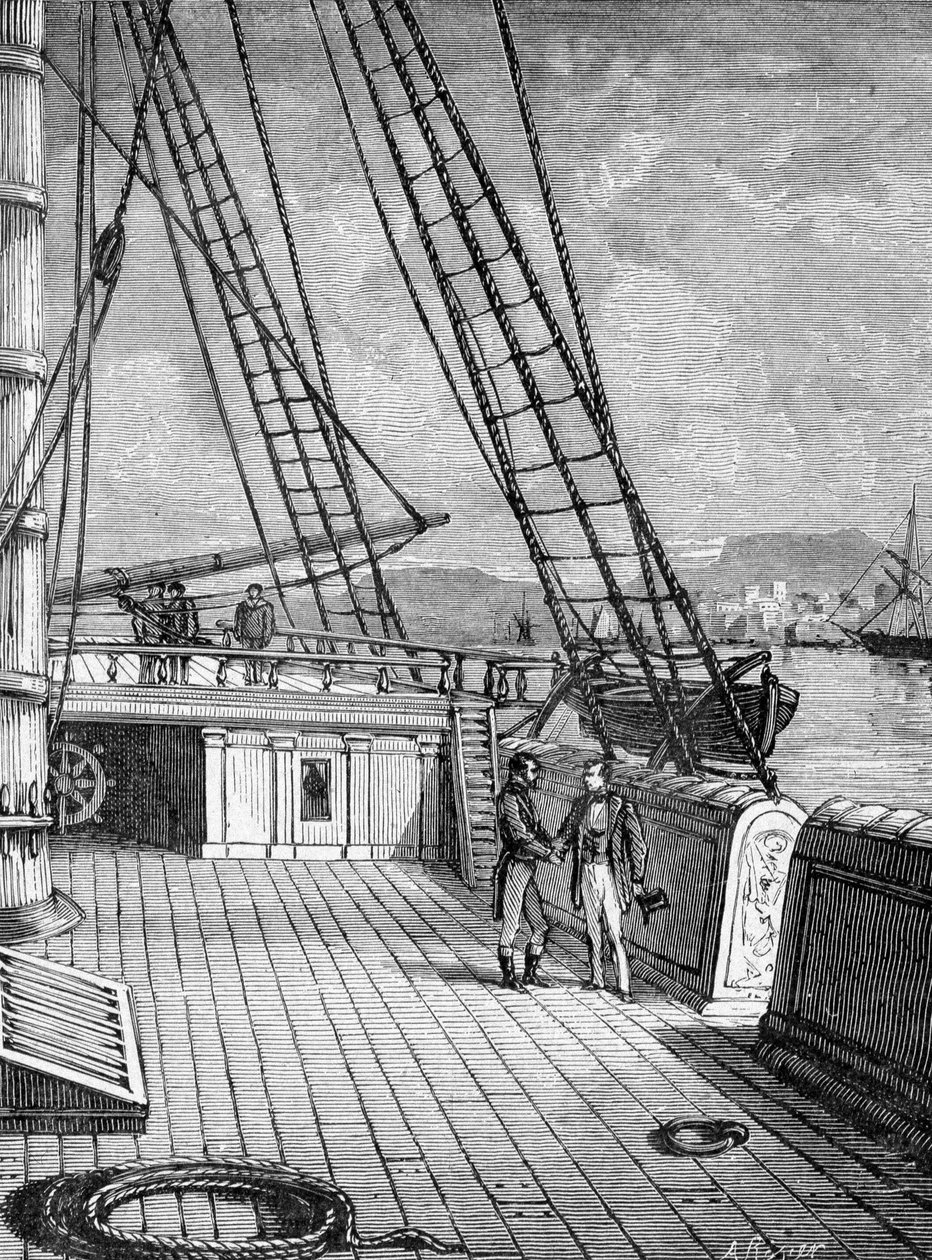 Samuel Morse (1791-1872), inventor del telégrafo electrónico (1844) y del alfabeto Morse a bordo del transatlántico "Sully" en 1832. Grabado del siglo XIX de Unknown artist