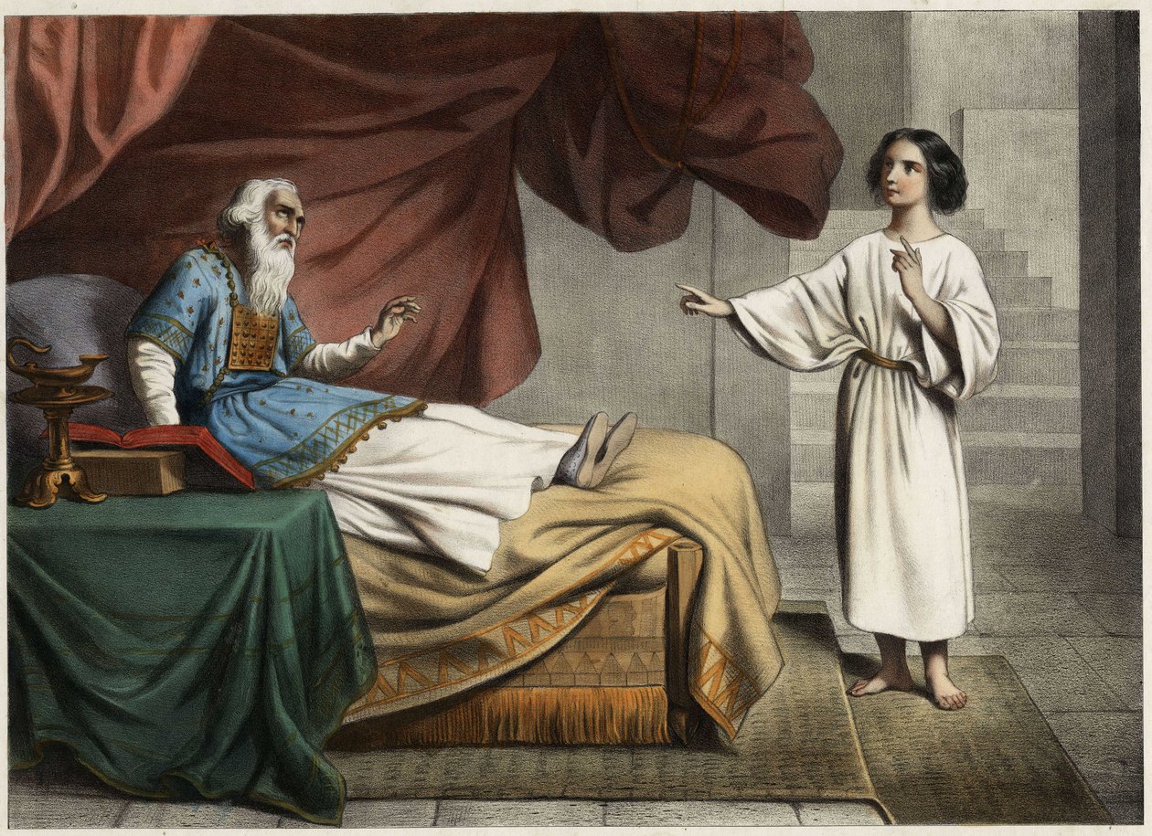 Samuel, que escucha la voz del Señor llamándolo en medio de la noche, piensa que es su mentor el sumo sacerdote Elí. Grabado anónimo de mediados del siglo XIX de Unknown artist