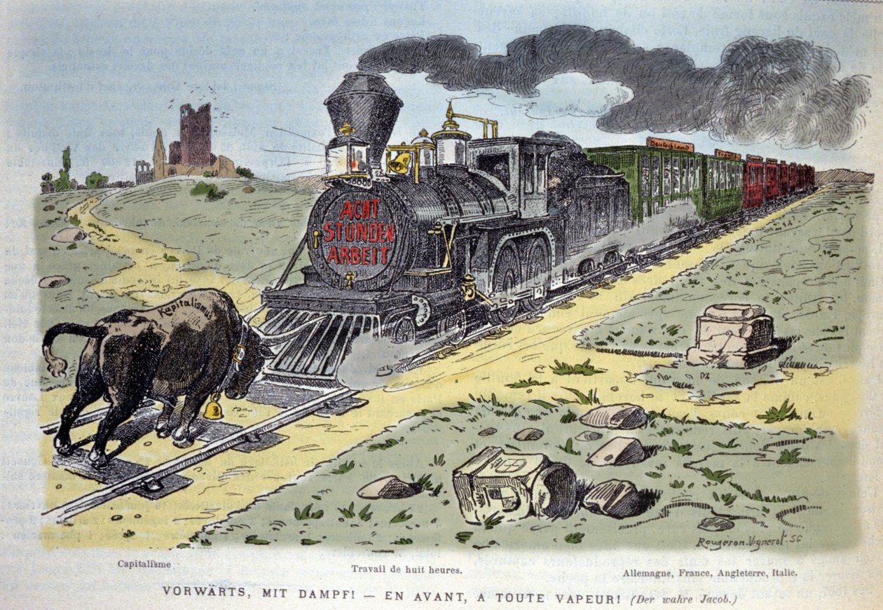 Viñeta alegórica satírica: el toro símbolo del capitalismo intenta detener el tren de la reforma laboral. Cada vagón está diseñado para un país: Alemania, Francia, Inglaterra, Italia 1897 de Unknown artist