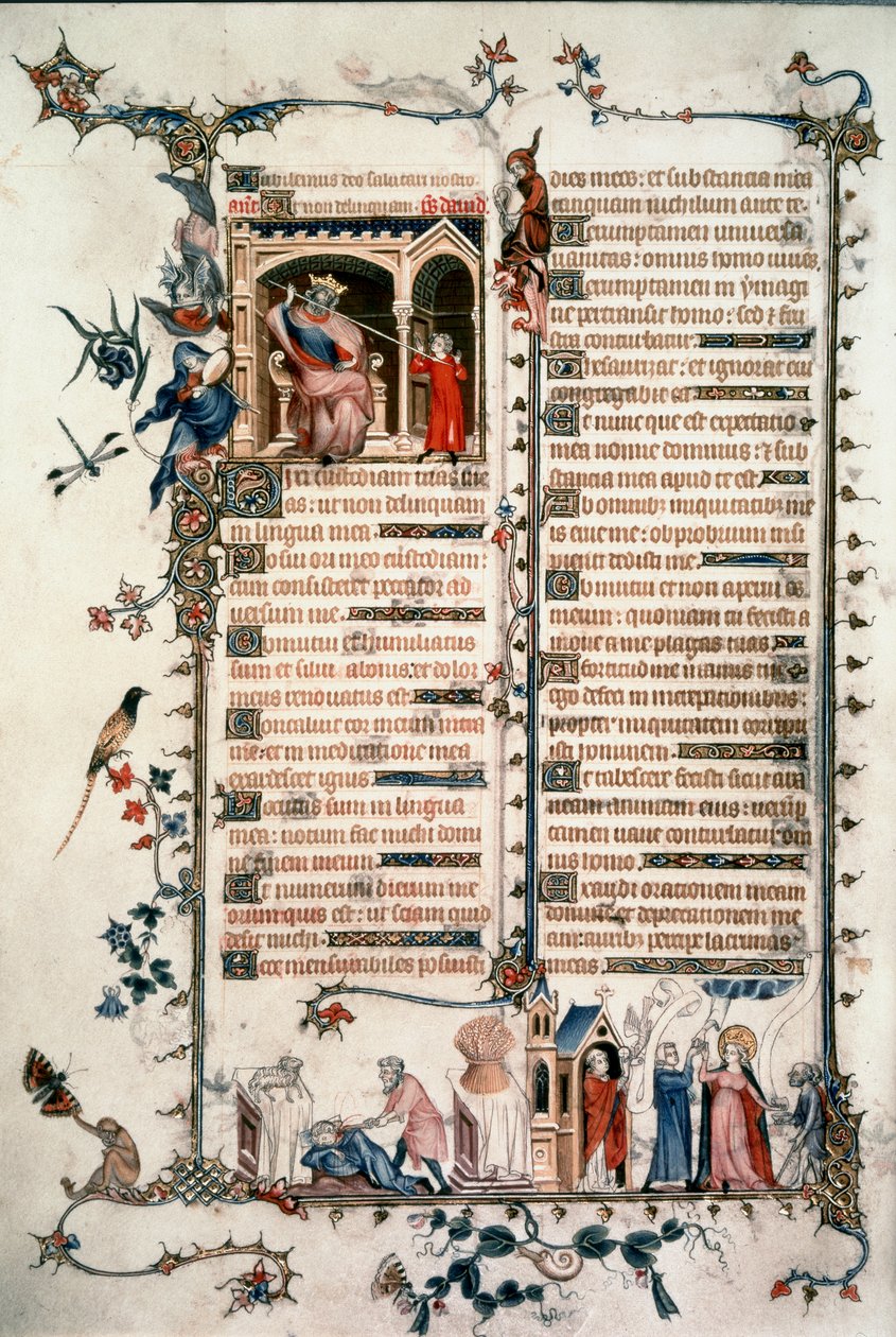 Saúl amenazando a David, Caín matando a Abel, Alegorías de la Eucaristía y la Caridad. Breviario de Belleville. 1323-1326. Ms. Lat. 10483 fol.24v. de Unknown artist