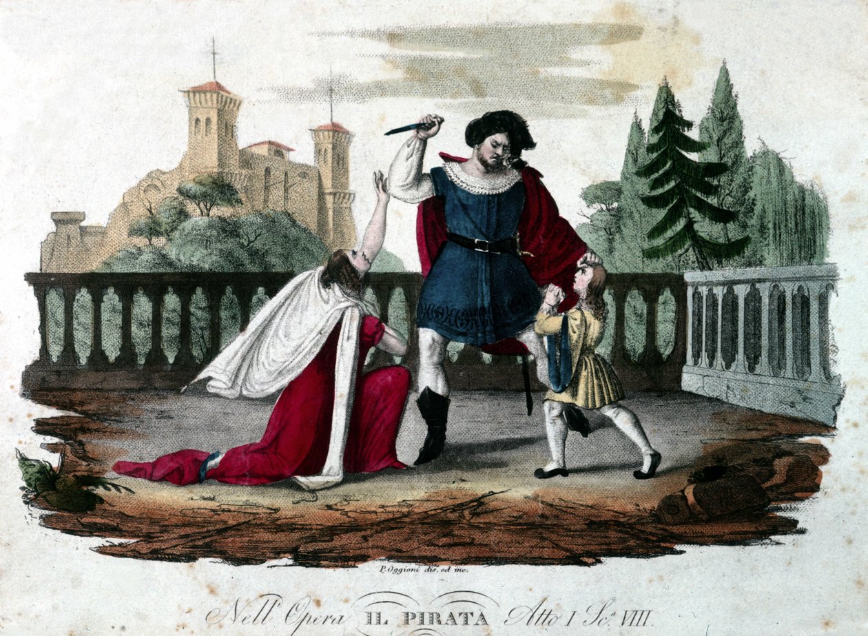 Escena 8 del Acto V de “Il pirata” (El pirata) de Vincenzo Bellini. Grabado coloreado de 1827. Primera representación en el teatro alla Scala de Unknown artist