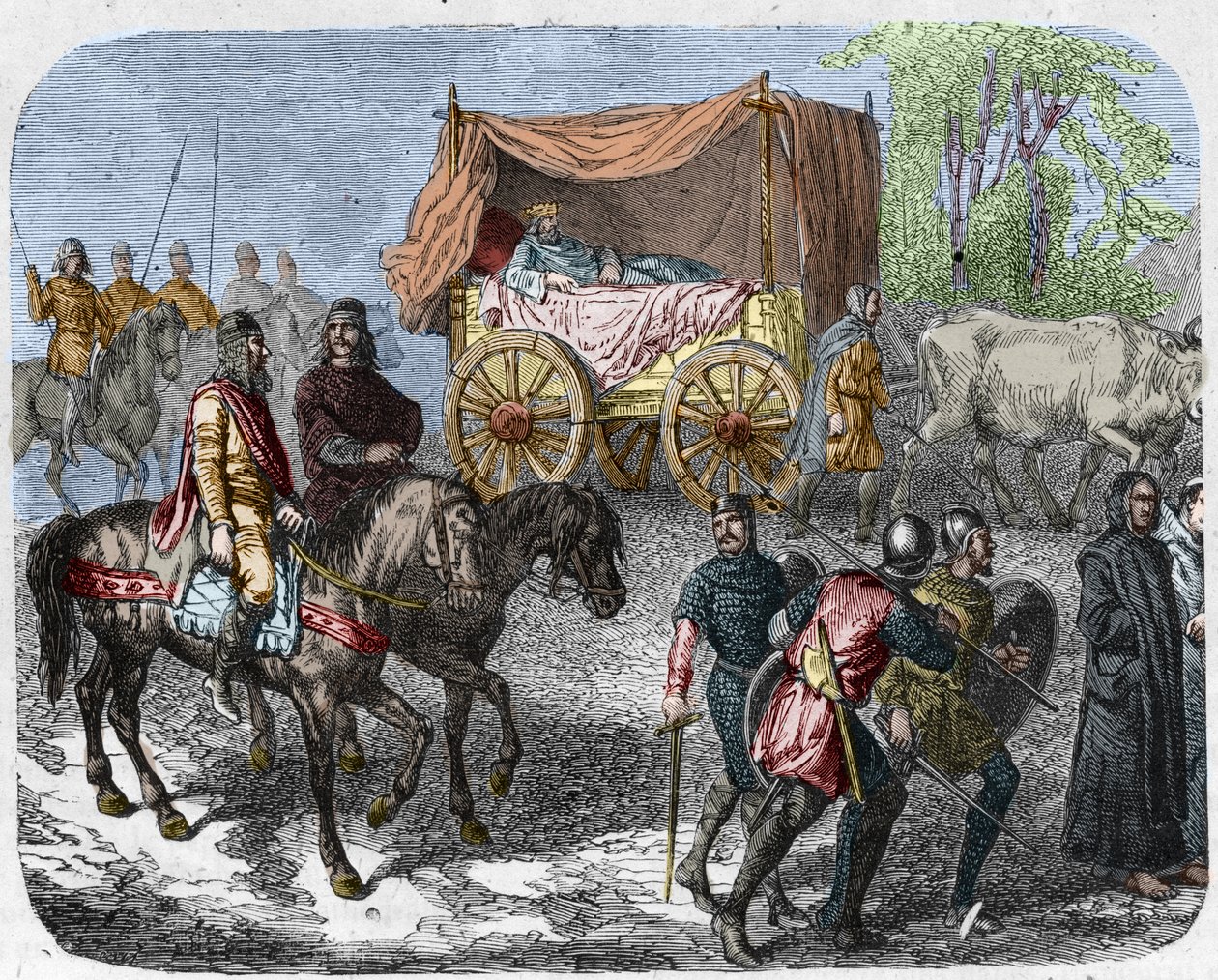 Escena que representa a los reyes perezosos: el Rey de Francia Thierry III (673-691) llevado en un tanque con una cama tirada por bueyes. de Unknown artist