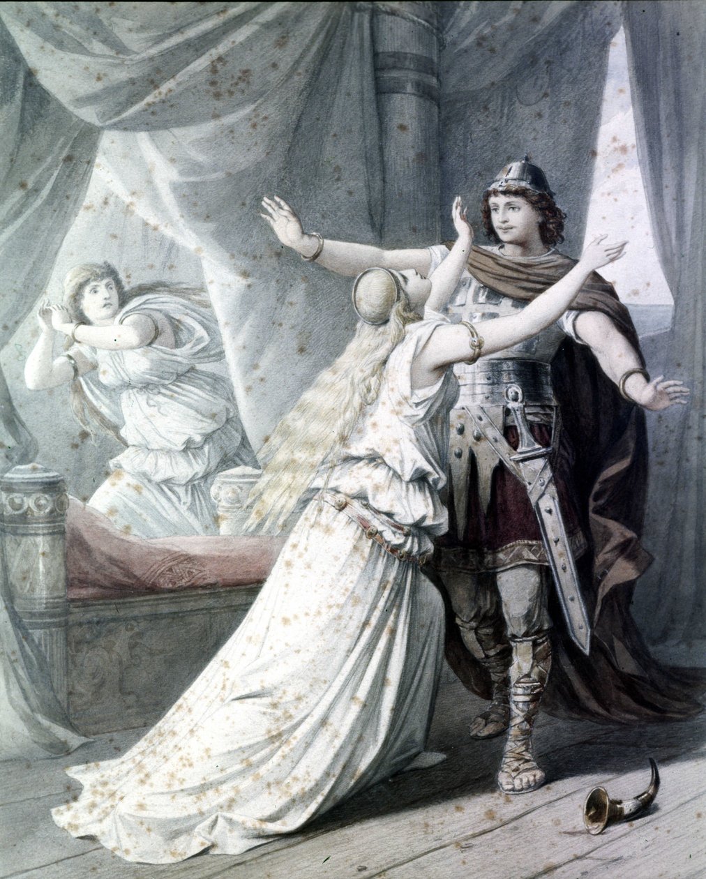 Escena de “Cola Rienzi, el último de los tribunos” (Rienzi, der Letzte der Tribunen), ópera de Richard Wagner representando al héroe Rienzi con Irene en el Palacio del Capitolio. 1842. Grabado de Unknown artist