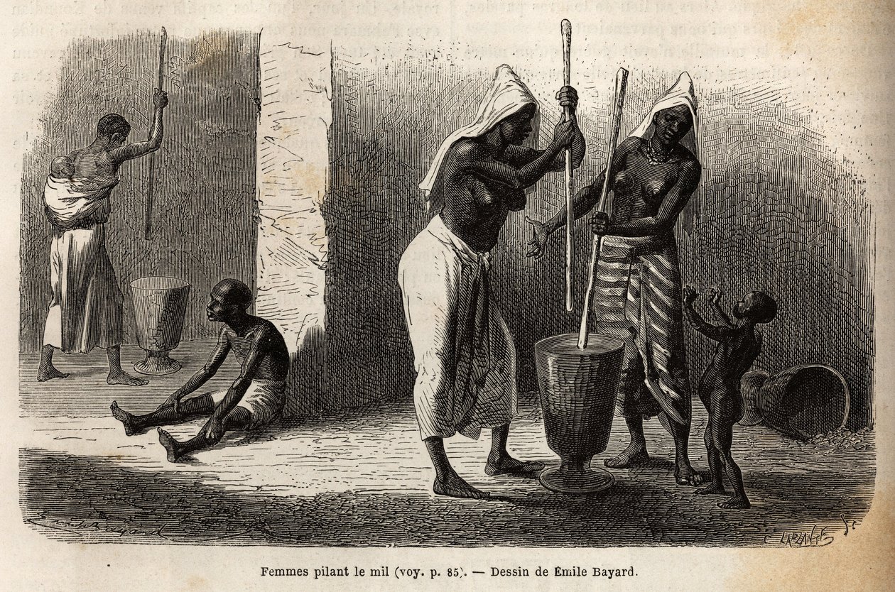 Escena de la vida cotidiana: mujeres moliendo mijo, en Sekou (Níger), rodeadas de niños. Grabado para ilustrar el viaje al Sudán Occidental del Teniente (Marina) M.Mage, en 1863-1866, publicado en "Le tour du monde, nouveau journal des voyages", bajo la di de Unknown artist