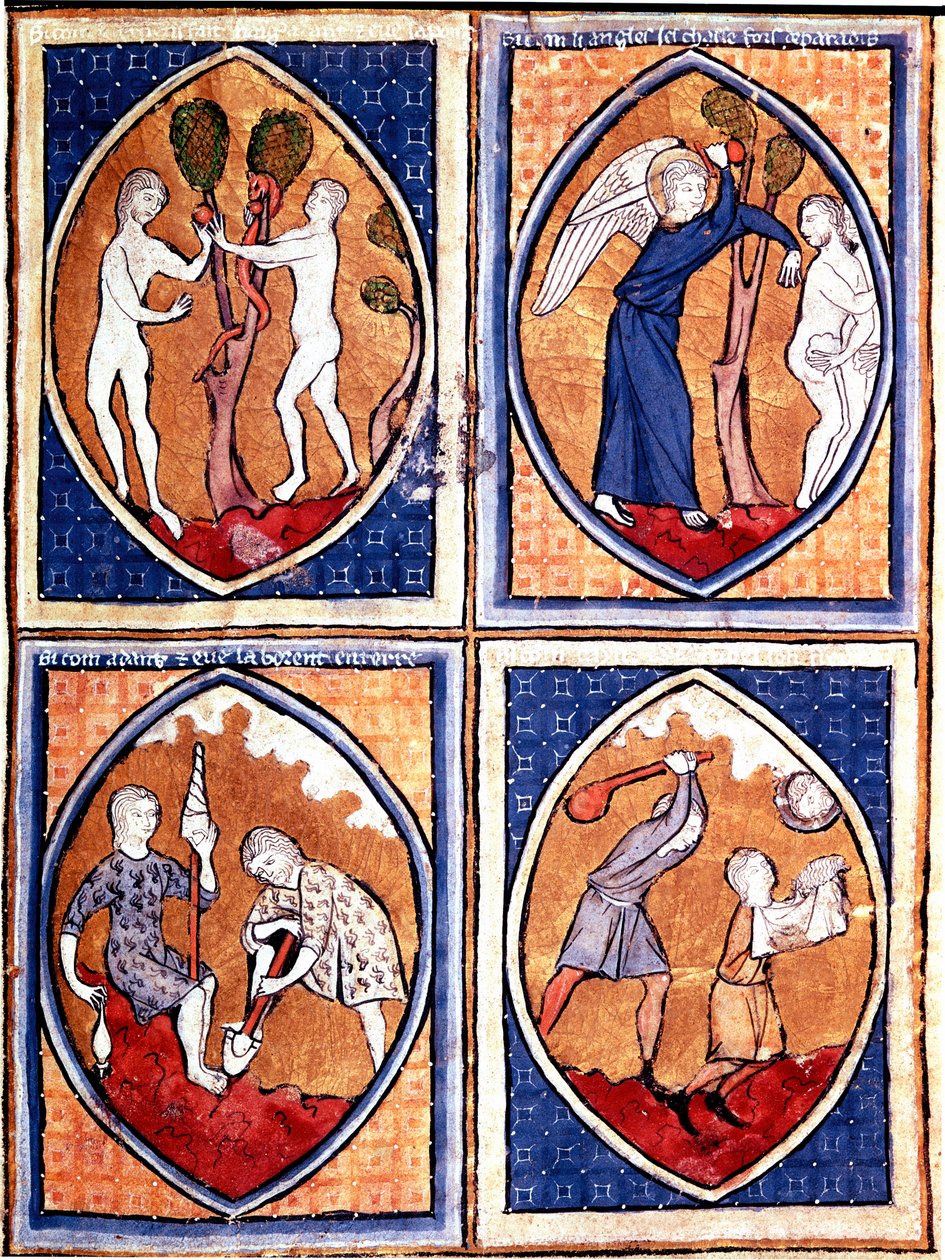 Escenas de la Biblia representadas en mandorlas. Arriba Adán y Eva recogiendo el fruto prohibido, luego cazando del cielo. Abajo Adán trabaja la tierra y Eva da la lana, Caín y Abel. Miniatura de un manuscrito del siglo XIII de Unknown artist