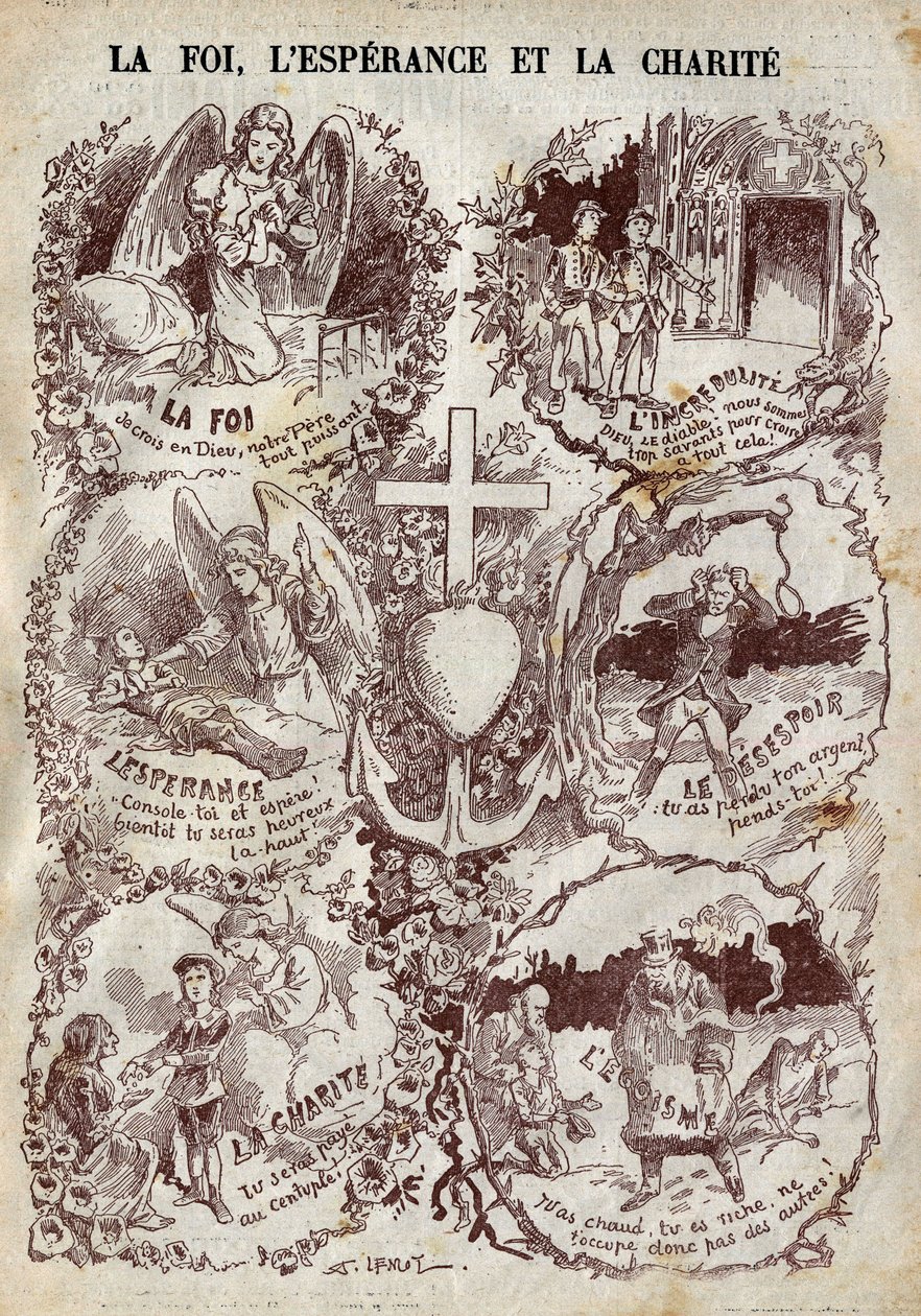 Escenas que ilustran Fe, Esperanza, Caridad y sus opuestos, Incredulidad, Desesperación y Egoísmo. Ilustración en “Le Pelerin” del 27 de marzo de Unknown artist