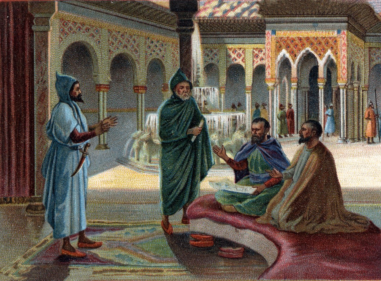 Escenas de Reinos Desaparecidos: Consejo Moro (Moro, nombre dado a los árabes que ocuparon parte de España) en el Palacio de la Alhambra en Granada. Granada es el último estado moro, terminado en 1482. Cromolitografía del siglo XIX de Unknown artist