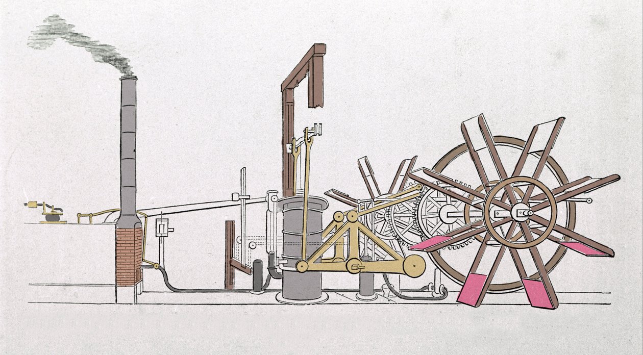 Esquema del eje de la rueda del barco de vapor “Le Clermont” hecho en 1807 por Robert Fulton para proporcionar la conexión Nueva York - Albany en el Hudson. Dibujo de Unknown artist