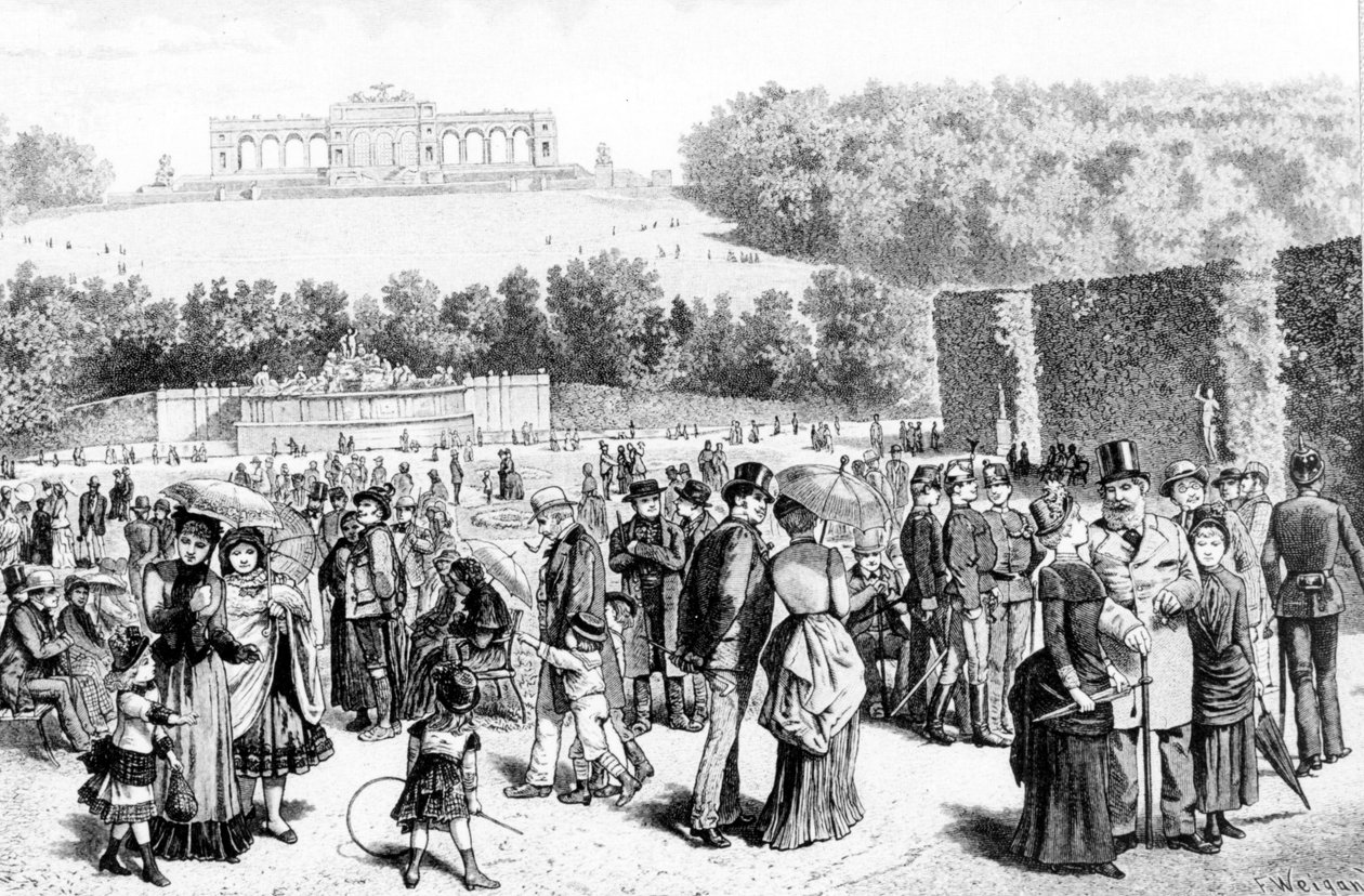 Parque de Schönbrunn, un complejo de palacios y jardines cerca de Viena, fue la residencia de verano de la familia Habsburgo desde el siglo XVIII. Litografía del siglo XIX. de Unknown artist