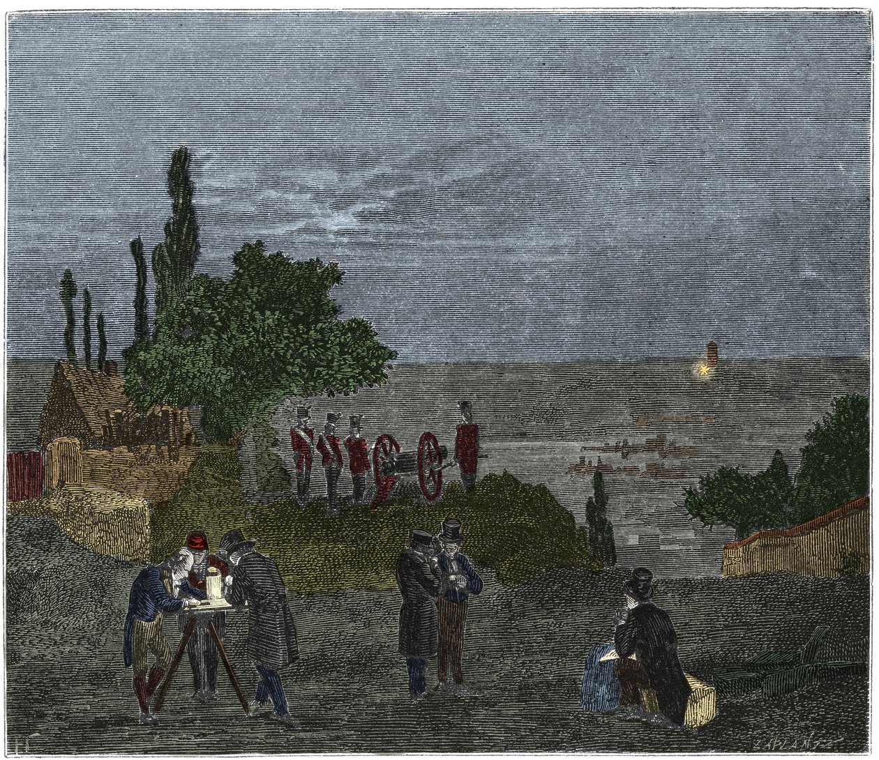 Experimento científico: el cálculo de la velocidad del sonido, por Humboldt, Louis-Joseph Gay-Lussac, Bouvard, Prony y Mathieu, que determinan el tiempo que transcurre entre la percepción de la luz y la de un disparo, en la noche de Unknown artist