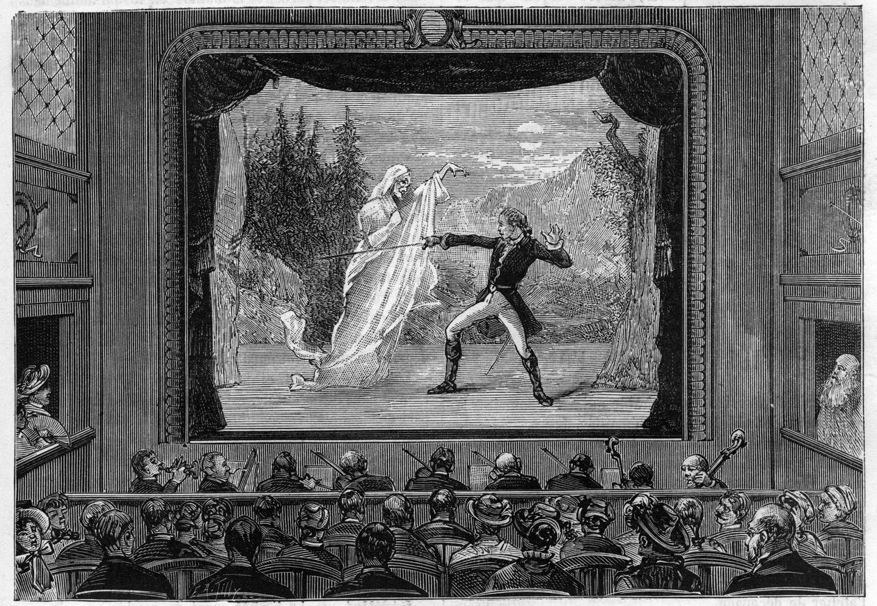 Espectáculos científicos: espectros vivos. Experiencia de los espectros en el escenario del teatro. Un comediante lucha contra un fantasma. Grabado en “La Nature” de Unknown artist