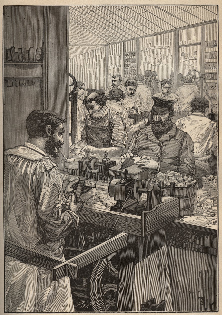 Espuma de mar: fabricación de pipas de espuma de mar. Grabado de 1885 en “Les arts et métiers illustrés” de Adolphe Bitard. de Unknown artist