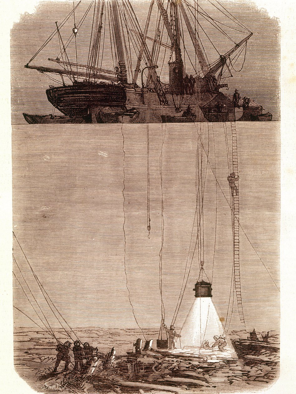 Búsqueda de galeones españoles naufragados en la Bahía de Vigo en 1702. Página tomada de Emporio Picturesco 1871 de Unknown artist