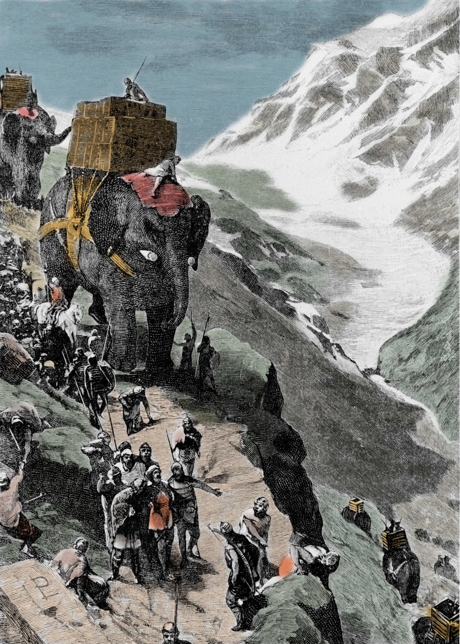 Segunda Guerra Púnica. El ejército de Aníbal Barca cruzando los Alpes, 218 a.C. Grabado italiano del siglo XIX. de Unknown artist
