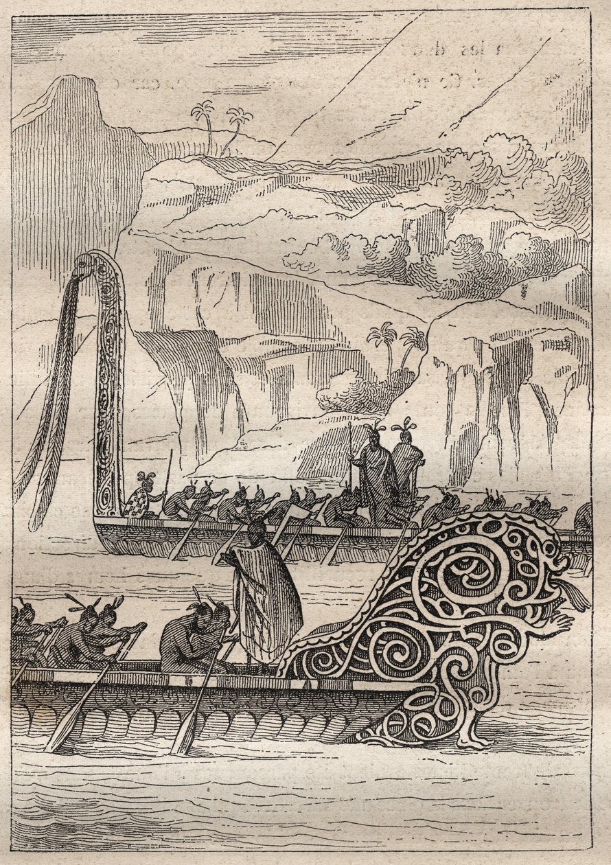 Segundo viaje (1772-1775) del Capitán James Cook (1728-1779): canoas de guerra neozelandesas - ilustración tomada de 