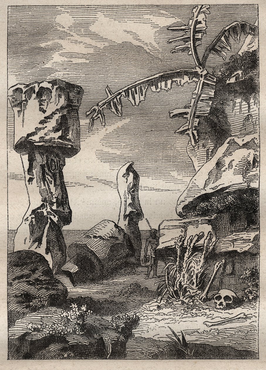 Segundo viaje (1772-1775) del Capitán James Cook (1728-1779): monumentos de la Isla de Pascua (estatuas monumentales, moai) - ilustración tomada de 