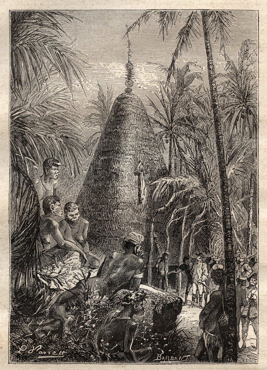 Segundo viaje (1772-1775) del Capitán James Cook (1728-1779): casa circular tradicional, en el techo de una considerable elevación (Nueva Caledonia) - ilustración tomada de “Los Grandes Navegantes del siglo XVIII” de Unknown artist