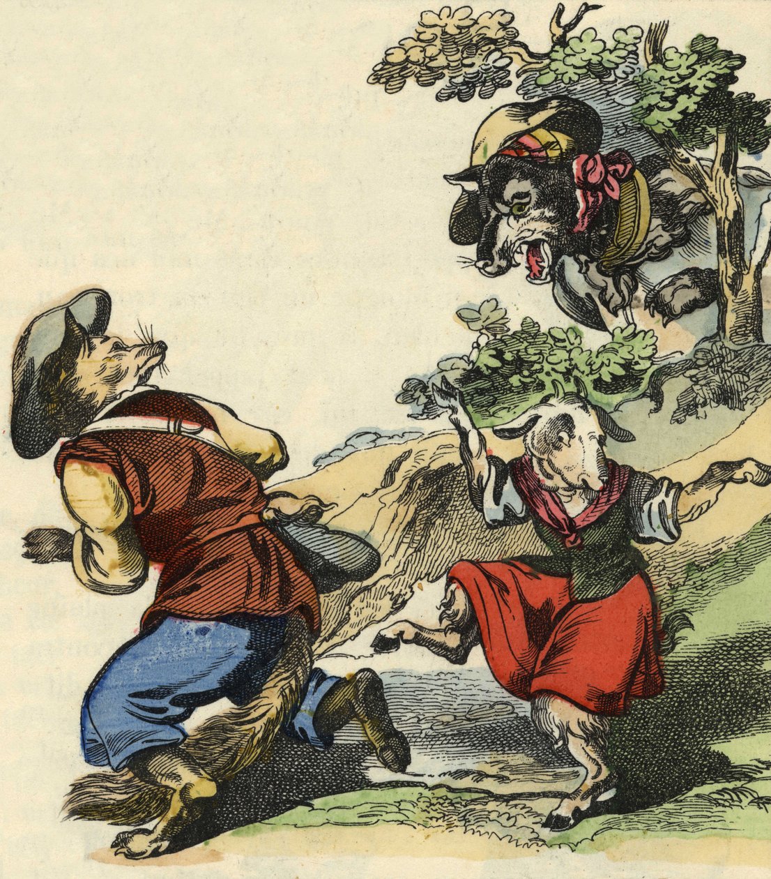Viendo al lobo, el Maestro Zorro huyó, dejando a la Pequeña Cabrita en peligro. Ilustración del cuento "Bon medor y la Pequeña Cabrita". En "Cuentos del hogar para los pequeños". Grabado anónimo del siglo XIX de Unknown artist