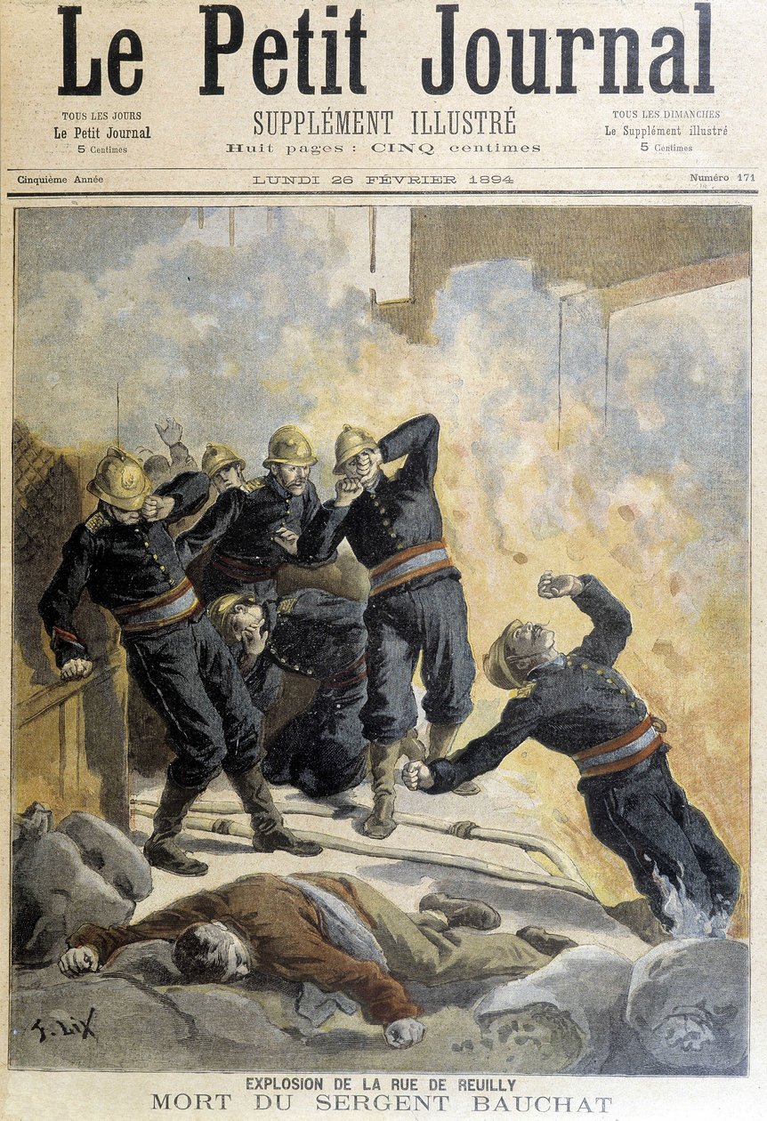 Sargento Bauchat murió durante los bomberos después de la explosión de la rue de Reuilly. Ilustración del “Pequeño Diario” de 1894 de Unknown artist