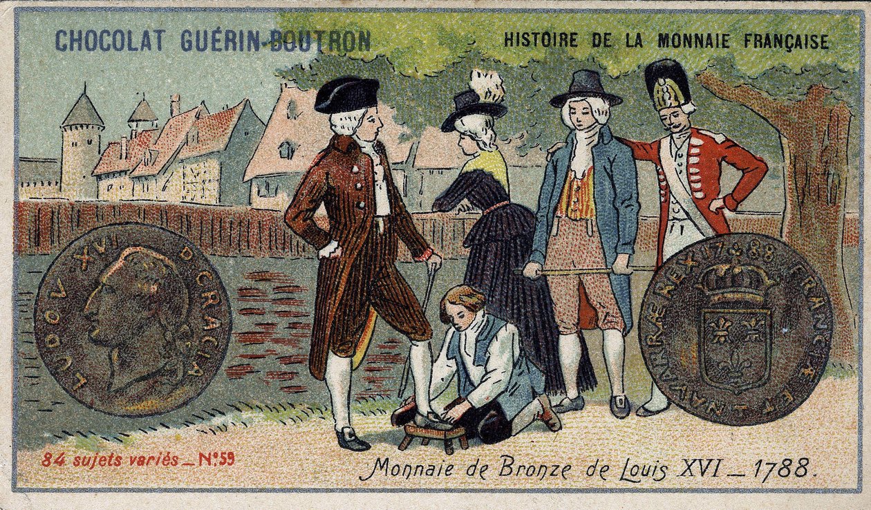 Serie Histoire de la Monnaie Française publicada por Chocolat Guérin Boutron. Cromolitografía del siglo XIX. Moneda de bronce de Luis XVI en 1788 de Unknown artist