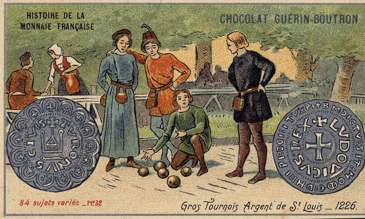 Serie Historia de la Moneda Francesa publicada por Chocolat Guérin Boutron. Cromolitografía del siglo XIX. Grandes torneos. Plata de San Luis. 1226 de Unknown artist