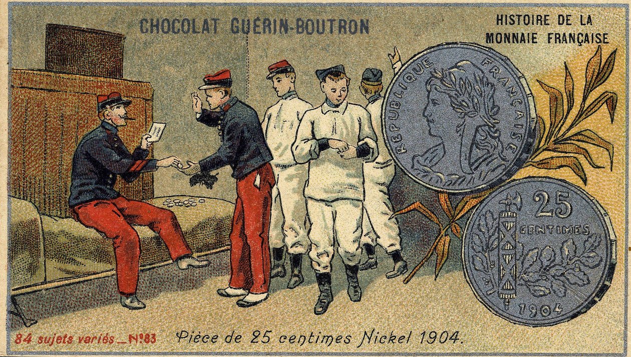 Serie Historia de la Moneda Francesa publicada por Chocolat Guérin Boutron. Cromolitografía del siglo XIX. Moneda de 25 centavos. Níquel 1904 de Unknown artist