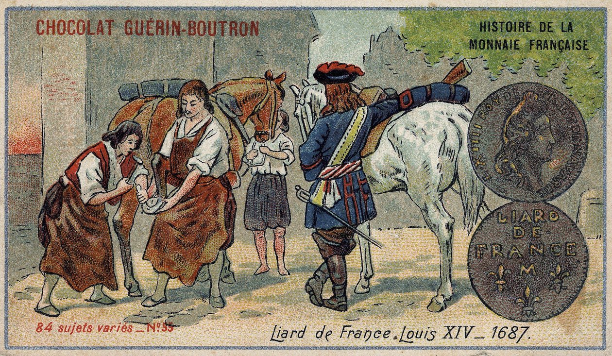 Serie Historia de la Moneda Francesa publicada por Chocolat Guérin Boutron. Cromolitografía del siglo XIX. Liard de Francia. Luis XIV en 1687 de Unknown artist