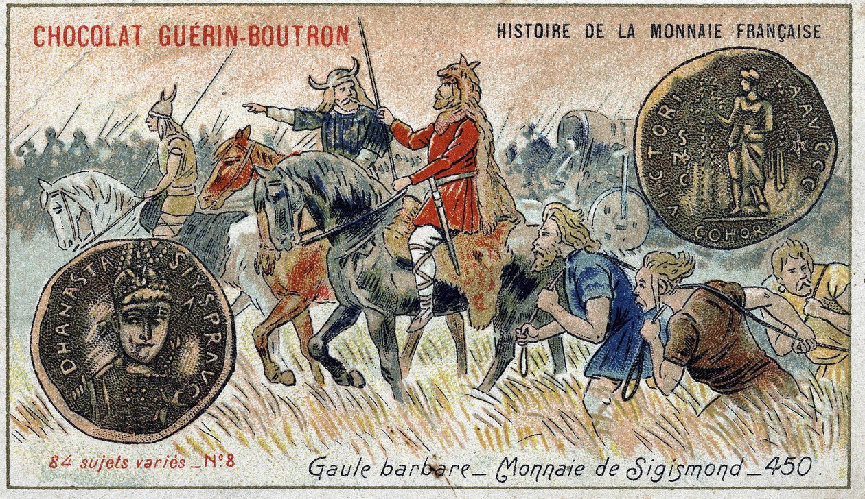 Serie Historia de la Moneda Francesa publicada por Chocolat Guérin Boutron. Cromolitografía del siglo XIX. Galia bárbara. Moneda de Sigismond de Unknown artist