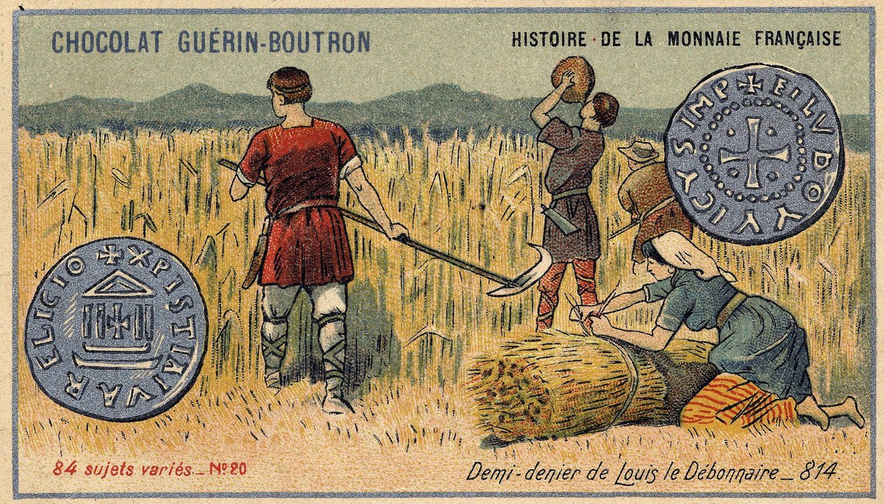 Serie Historia de la Moneda Francesa publicada por Chocolat Guérin Boutron. Cromolitografía del siglo XIX. Medio denier de Luis el Piadoso en 814 de Unknown artist