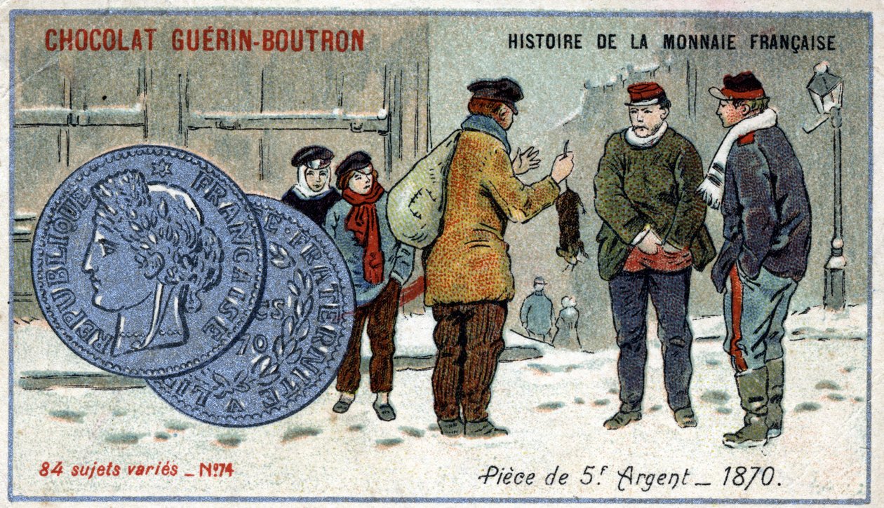 Serie Historia de la Moneda Francesa publicada por Chocolat Guérin Boutron. Cromolitografía del siglo XIX. Moneda de plata de 5 francos en 1870 de Unknown artist