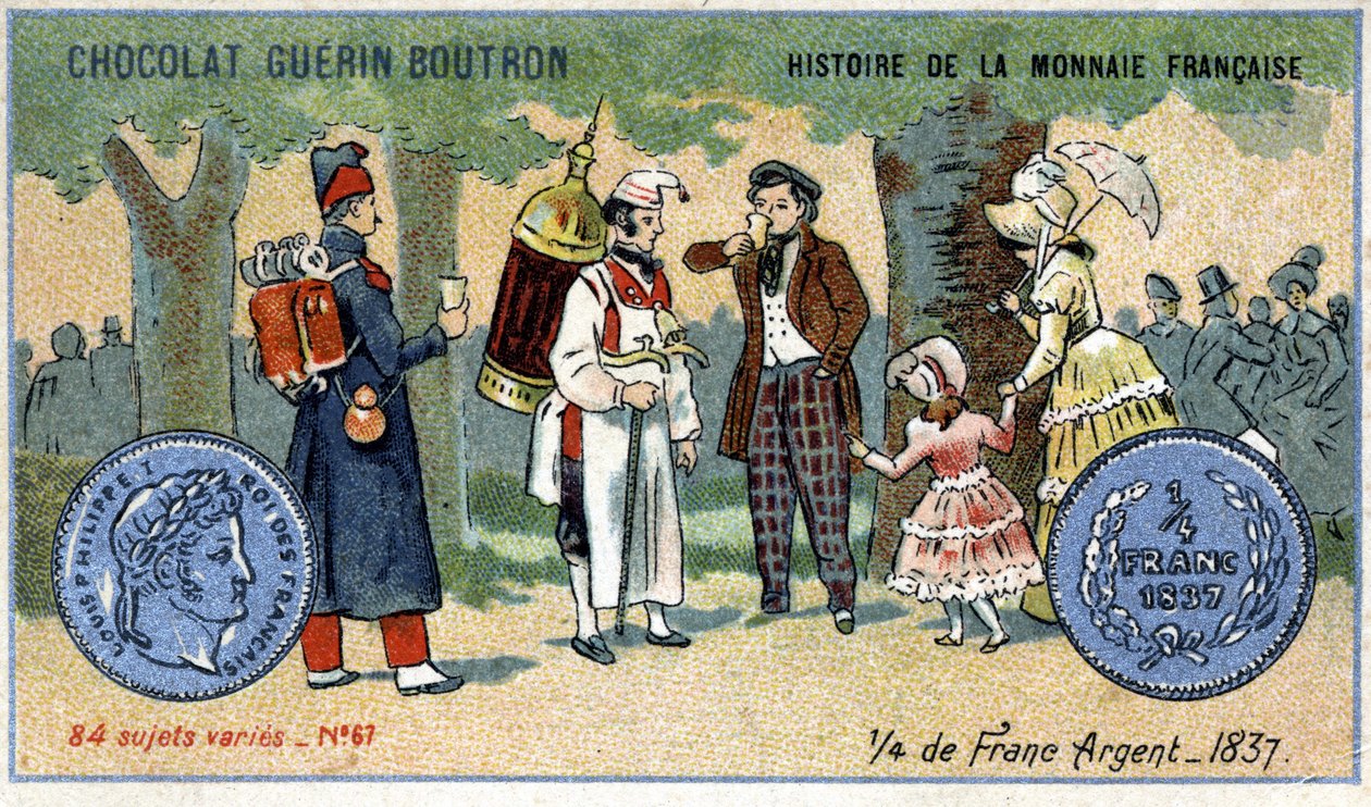 Serie Historia de la Moneda Francesa publicada por Chocolat Guérin Boutron. Cromolitografía del siglo XIX. Un cuarto de franco de plata en 1837 de Unknown artist