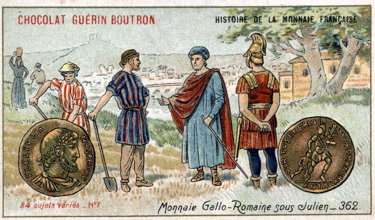 Serie Historia de la Moneda Francesa publicada por Chocolat Guérin Boutron. Cromolitografía del siglo XIX. Monedas galorromanas bajo Juliano de Unknown artist