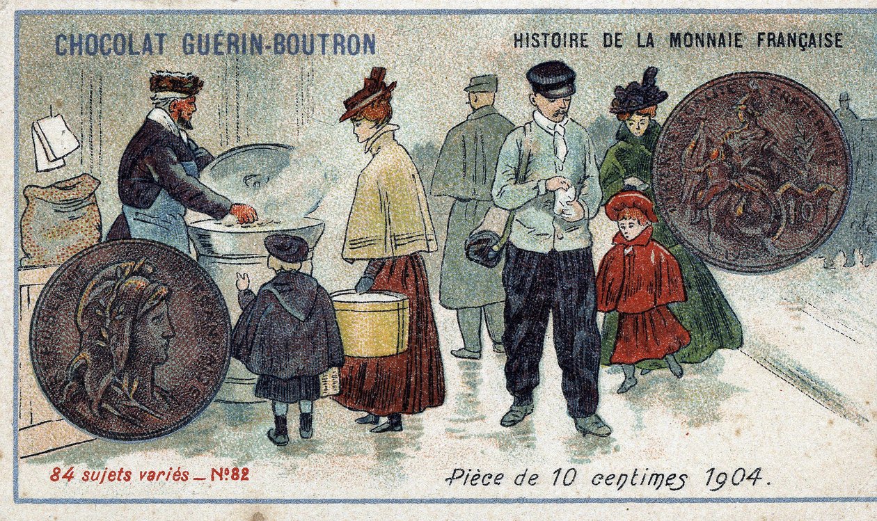 Serie Historia de la Moneda Francesa publicada por Chocolat Guérin Boutron. Cromolitografía del siglo XIX. Moneda de 10 centavos en 1904 de Unknown artist