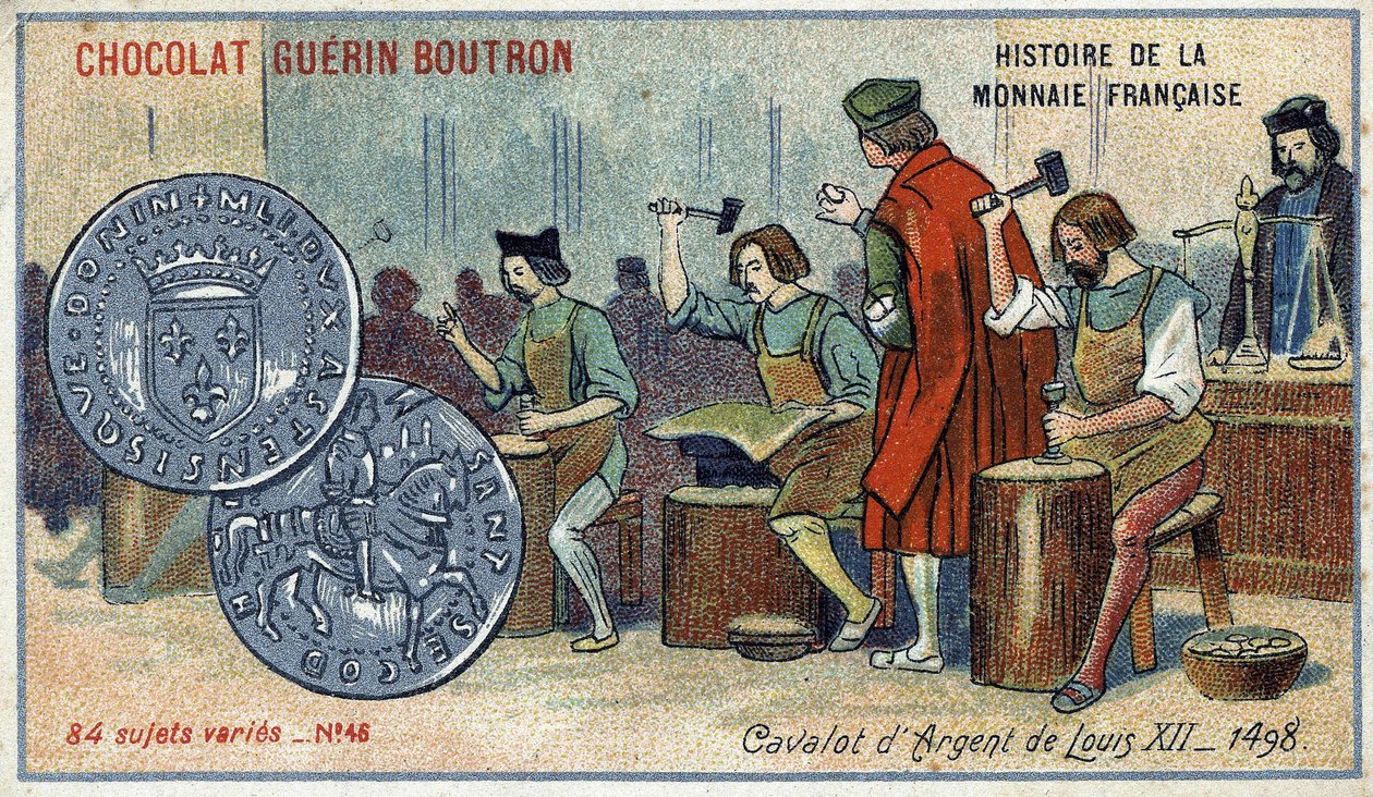 Serie Historia de la Moneda Francesa publicada por Chocolat Guérin Boutron. Cromolitografía del siglo XIX. El Cavalot de Plata de Luis XII. 1498 de Unknown artist